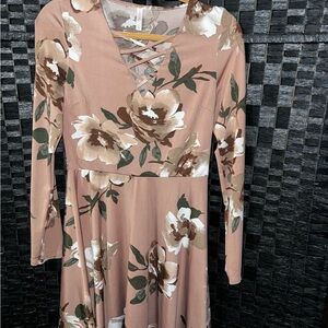 Xhilaration beige mauve pink Floral Long Sleeve Dress crisscross neckline size L